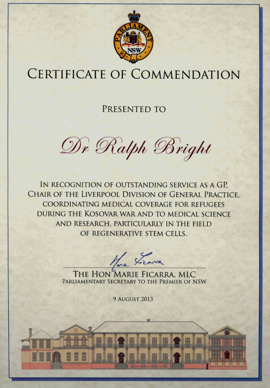 Certificate of Commendation from the Parliament of New South Wales Australia by The Hon. Marie Ficara, Parliamentary Secretary to the Premier of NSW